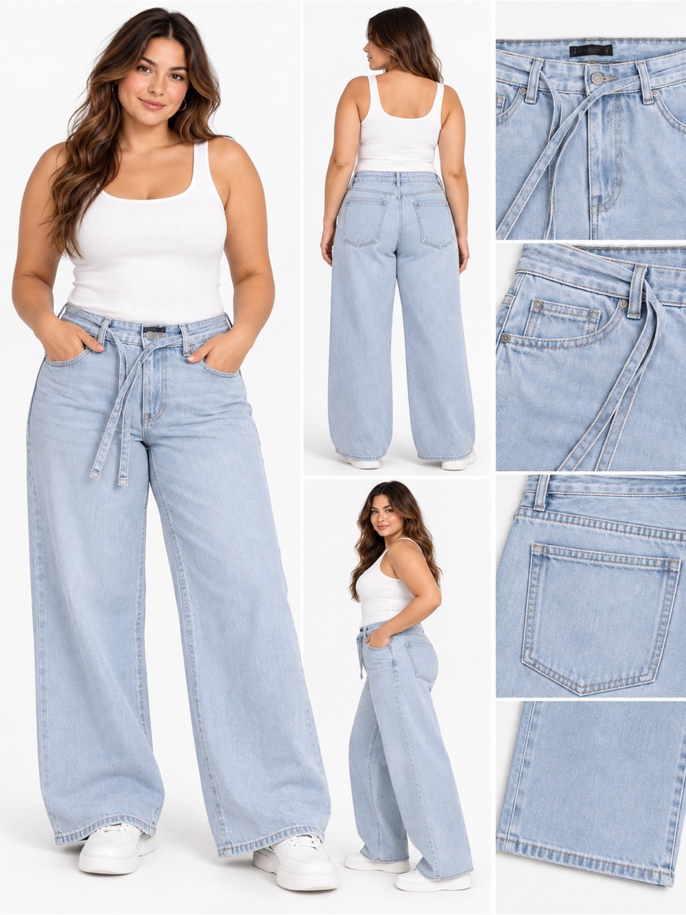 Buffalo David Bitton Light Blue Wide-Leg Jeans with Self-Tie Belt -